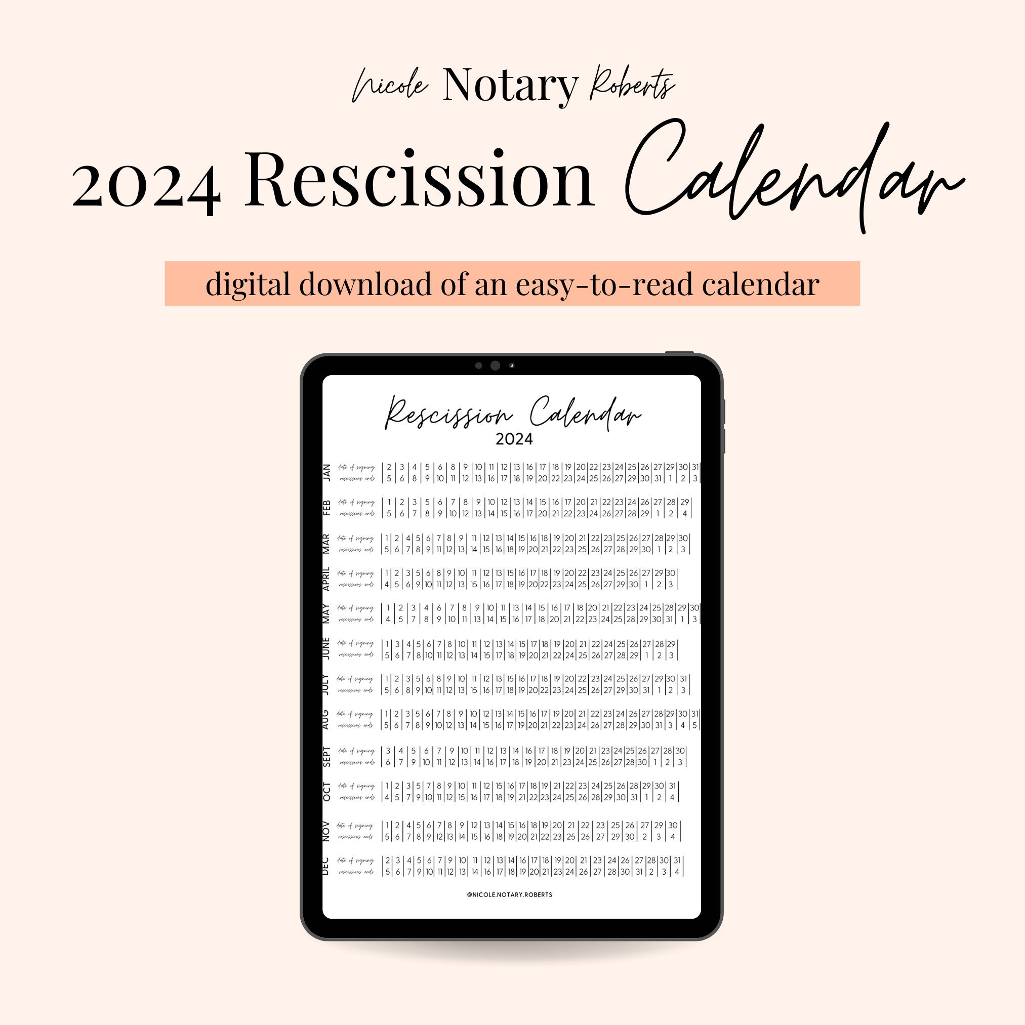 2024 Rescission Calendar for Loan Signings (Instant Download) Etsy