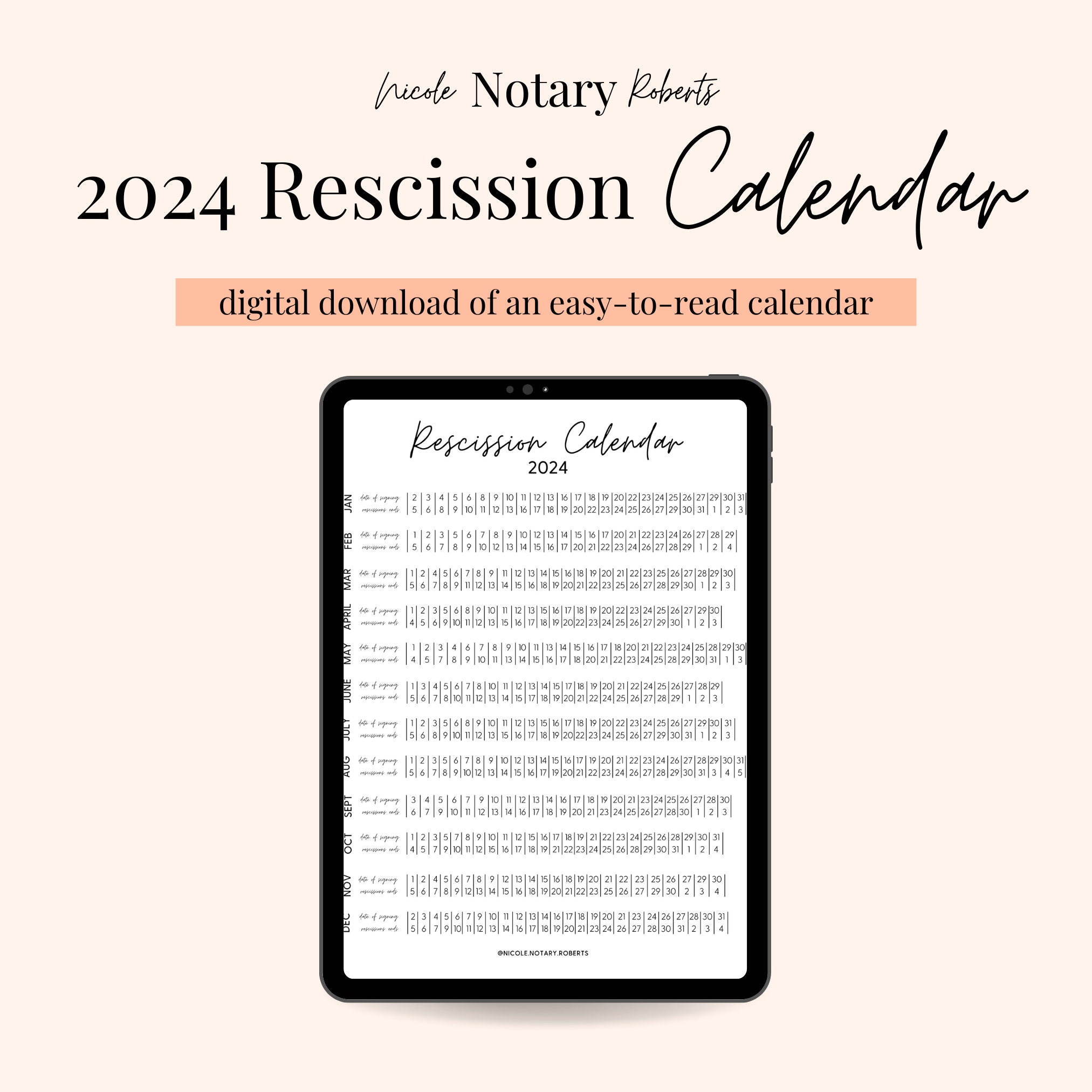 2025 Rescission Calendar for Loan Signings (Instant Download) Etsy