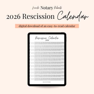 May include: A digital download calendar for 2026, displayed on a black tablet. The calendar is titled "2026 Rescission Calendar" and is described as an easy-to-read format. The background is a soft peach color.