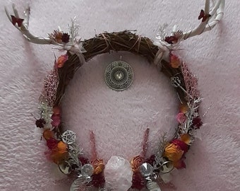 Enchanted Woodland Wreath with Rose Quartz and Witches Circle.