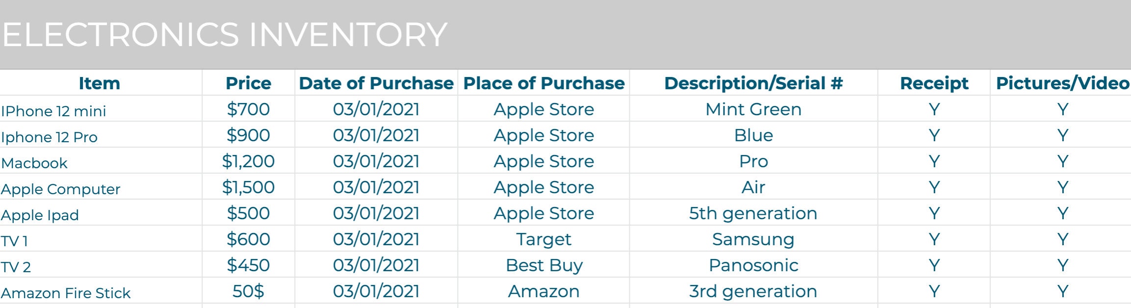 Home Inventory Google Sheets Etsy