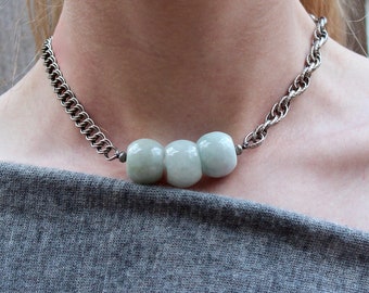 Burma Jade Necklace, Jade Statement Necklace, Green Jade Bead Choker, Jadeite Mix Chain Necklace
