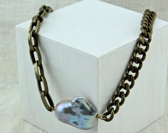 Large Baroque Pearl Statement Necklace, Mix Chain Necklace, Edgy Pearl Necklace, Bridal Jewelry, June Birthstone
