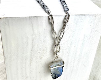 Raw Rainbow Moonstone Beaded Convertible Necklace, June Birthstone Gift, Long Boho Glam Necklace