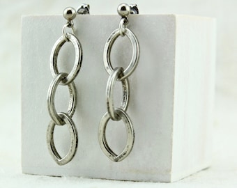 Silver Chain Earrings, Modern Geometric Earrings, Edgy Dangle Earrings, Industrial Link Chain