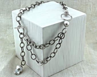 Layered Pearl Necklace, Large Baroque Pearl Necklace Silver, Mothers Day Jewelry, Pearl Bridal Jewelry, Fireball Pearl