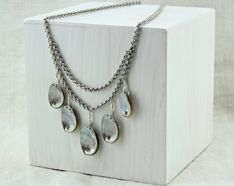 Abalone Shell Necklace, Tropical Silver Shell Necklace with Layered Chains, Beachy Choker, Boho Summer Jewelry, Gift for Pisces