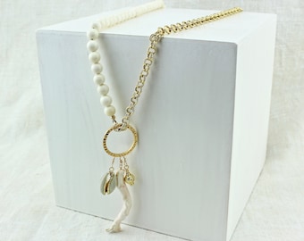 Long Multi-Charm Necklace with Coral and Cowrie Shell Charms, Gold Beachy Necklace, Summer Jewelry, Boho Chic Statement Necklace