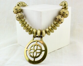 Horse Brass Necklace, Western Boho Statement, Good Luck Talisman, Sun Symbol Pendant, Recycled Jewelry