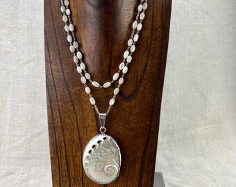 Real Abalone Shell Pendant, Sterling Silver Vintage Rosary Chain, Beachy Boho Chic Layered Statement Necklace, Beach Lover Gift