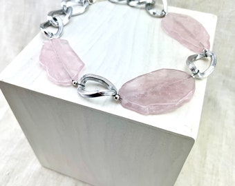Rose Quartz Statement Necklace Silver, Rose Quartz Chunky Choker, Mothers Day Gift Jewelry, Pink Quartz Jewelry