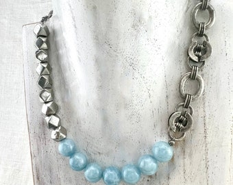 Aquamarine Statement Necklace, Chunky Beaded Choker, Beachy Summer Necklace Silver, Maasai Beads, 3-in-1 Convertible Necklace