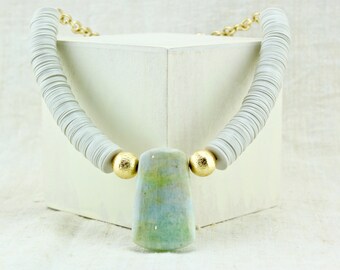 Beachy Choker, Milky Aquamarine Pendant, Trendy Summer Beads, March Birthstone Boho Statement Necklace