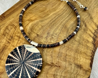 Black heishi shell necklace, boho beachy choker, summer statement necklace, bali sterling silver shell pendant, gift for pisces