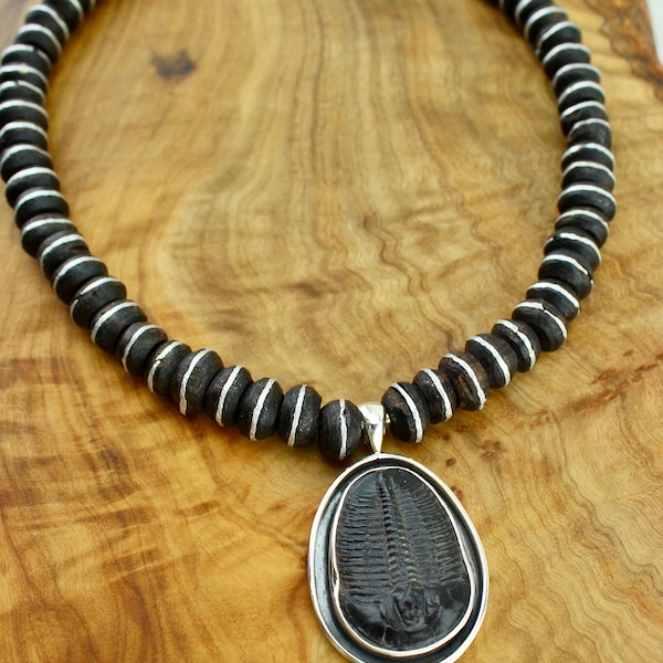 Trilobite Black Chunky Necklace, Edgy Statement Necklace, Boho Chic Prayer Bead Necklace, Avant Garde Unique Pendant