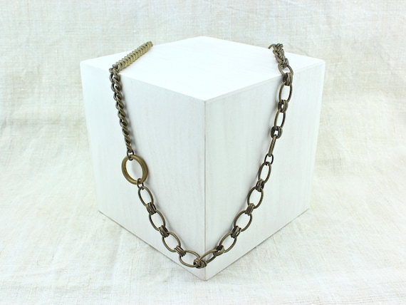 Brass Chain Necklace, Chunky Mix-chain Necklace, Asymmetrical 