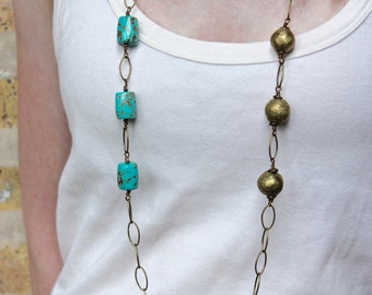 Turquoise Blue Necklace, Long Asymmetrical Necklace, Ethnic Southwestern Style Jewelry, African Beads, Limited Edition