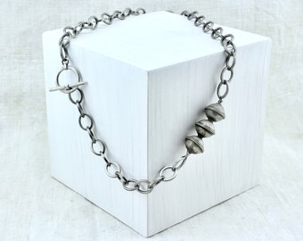 Silver Large-Link Chunky Chain Berber Bead Necklace, Long Boho Statement, Modernist Asymmetrical Jewelry, Convertible to Y-Drop Lariat