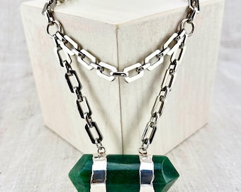 Aventurine Stone Necklace, Modernist Brutalist Chunky Chain Choker, Maximalist Crystal Statement Necklace, Taurus Birthday Gift