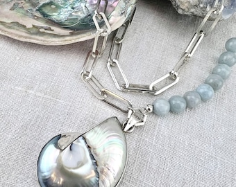 Nautilus Shell Pendant & Aquamarine Sterling Silver Layered Necklace, Real Shell Asymmetrical Statement Necklace, Beach Lover Gift