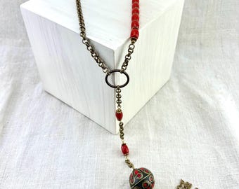 Boho Chic Gypsie Jewelry, Long Tassel Necklace, Y-Drop Lariat, Red Jade Ethnic Bead Necklace, Red Beaded Necklace, Autumn Jewelry