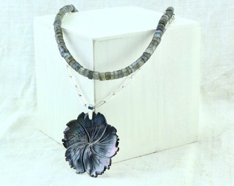 Layered Sterling Silver Labradorite Choker with Carved Black Mother-of-Pearl Pendant, Rainbow Iridescent Floral Statement Necklace