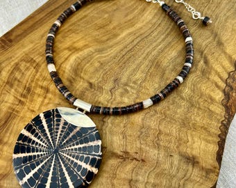 Black Heishi Shell Necklace, Boho Beachy Choker, Summer Statement Necklace, Bali Sterling Silver Shell Pendant, Gift for Pisces