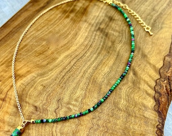 Delicate Ruby Charm Necklace, Natural Ruby in Zoisite Pendant Necklace, July Birthstone Gift, Anyolite Gold Necklace, Boho Chic