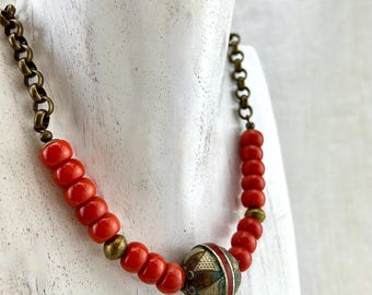 Boho Hippie Ethnic Bead Necklace with Red Jade, Red Chunky Necklace, Asia Ethnic Jewelry, Aries Birthday Gift, Autumn Jewelry