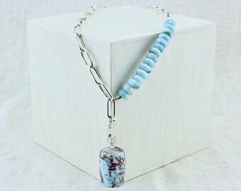 Larimar Choker, Larimar Pendant Statement Necklace, Larimar Bead Y Drop Caribbean Necklace, First Mother's Day Gift, Push Present Jewelry