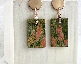 Unakite Earrings, Green Gemstone Earrings, New Mom Gift Jewelry, New Pregnancy Gift, Unique Architectural Earrings