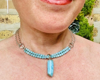Larimar Pendant Necklace Sterling Silver, Larimar Bead Choker, Caribbean Necklace, Unique Handmade Organic Jewelry