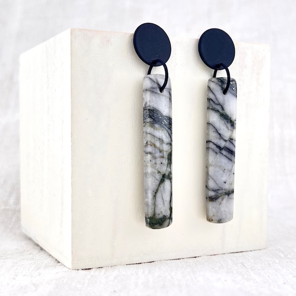 Marbled Earrings, Picasso Jasper Earrings, Two-Toned Black-and-White Jewelry, Modern Geometric Earrings, Avant Garde Jewelry