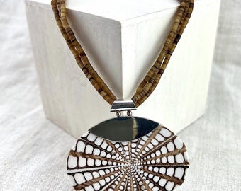 Large Shell Pendant Set in 925 Sterling Silver with Heishi Shell Necklace, Boho Beachy Choker, Summer Multi-Strand Statement Necklace