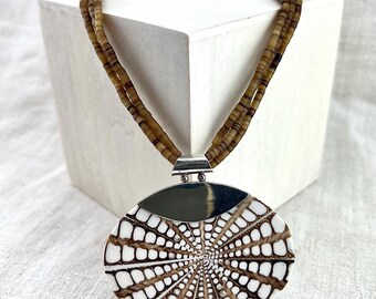 Large shell pendant set in 925 sterling silver with heishi shell necklace, boho beachy choker, summer multi-strand statement necklace