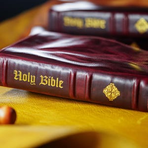 May include: Burgundy leather-bound Holy Bible with gold lettering and decorative accents. The book is lying on a yellow surface, with a second Bible visible in the background. The text "Holy Bible" is embossed on the cover.