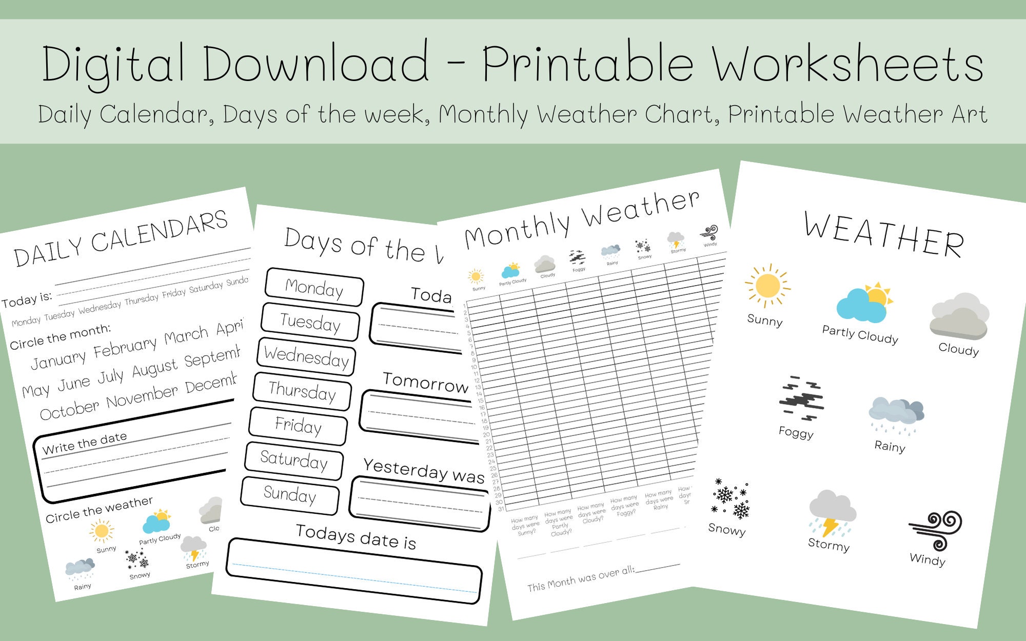 Kids Calendar With Weather, Weather Chart Education Printable