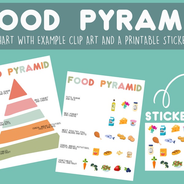 Food Pyramid PDF printable pre-K - 1st grade, homeschooling, printable, food poster, health education pdf, Poster, Printable food stickers