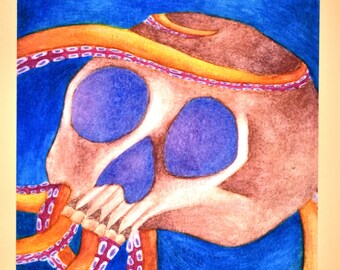 May include: A watercolor painting of a skull with purple eye sockets, surrounded by orange and pink tentacles. The background is a deep blue.