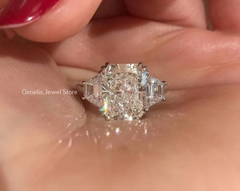 4.59 CT Radiant Cut Colorless Moissanite Engagement Ring  Anniversary Gift Ring 3 Stone Wedding Ring With Side Trapezoid Cut Proposal Ring