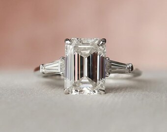 Emerald Cut Three Stone Ring, 3.0 CT Emerald Cut Colorless Moissanite Engagement Ring, Proposal Anniversary Gift, Side Tapered Baguette Cut