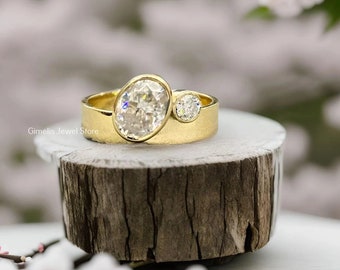 Wide Band Oval and Round Cut Engagement Ring For Women - Bezel Set Wedding Ring, Unique Thick Band Made Solitaire Ring, 14K Solid Gold Ring