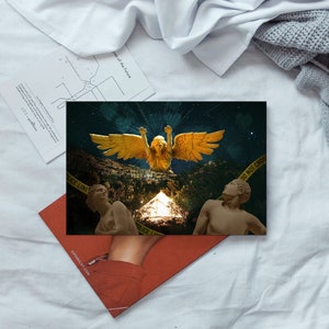 Cartão postal de Adão e Eva capturados por anjos, papelaria para impressão instantânea, arte com imagem imaginária, decoração kitsch, para amigos ou amantes