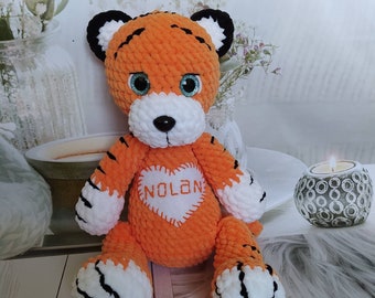 Peluche tigre juguete peluche crochet animal personalizado bebé embarazo género revelar regalo bebé anuncio baby shower favorece regalo de cumpleaños niño niña