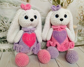 Personalized bunny in dress stuffed animal crochet bunny cuddly bunny custom plush twin baby girl gift soft newborn toy Baby shower favors