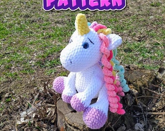 Eenhoorn haakpatroon tutorial pdf download amigurumi dier grof garen pluche pony regenboog knuffeldier digitaal speelgoed schattig magisch paard