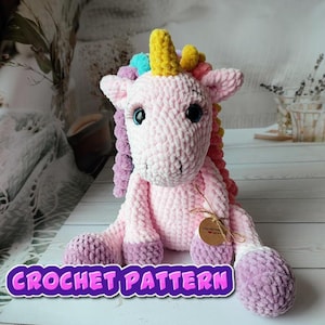 Unicorn plush Crochet pattern tutorial pdf download amigurumi animal chunky yarn pony rainbow stuffed animal digital toy cute magical horse