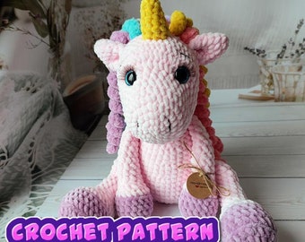 Eenhoorn pluche haakpatroon tutorial pdf download amigurumi dier grof garen pony regenboog knuffeldier digitaal speelgoed schattig magisch paard