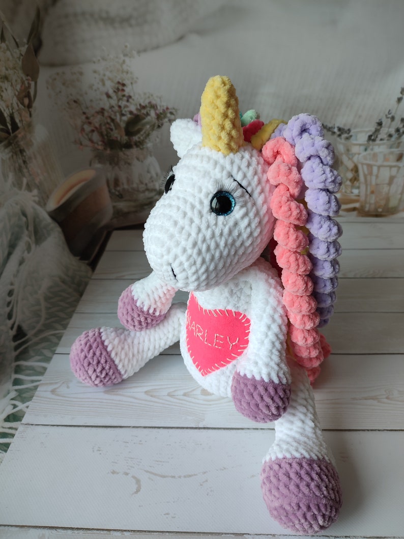 Crochet unicorn personalized pregnancy gift baby unicorn plush rainbow stuffed animal amigurumi Baby shower unicorn toy Birthday gifts girl White body