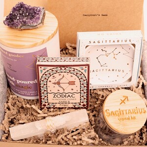 Sagittarius Gift Box: Zodiac Bracelet & Crystals, Sagittarius Candle, Astrology Jewelry Dish, Incense, FREE Selenite Wand + Quartz Point